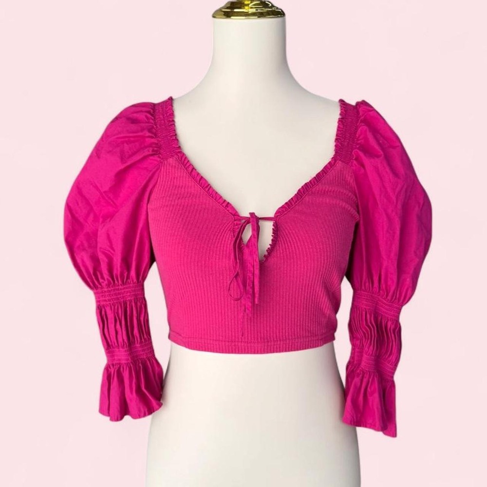 Urban Outfitters Fairycore Coquette Magenta Puff Sleeve Tie Front Crop Top M